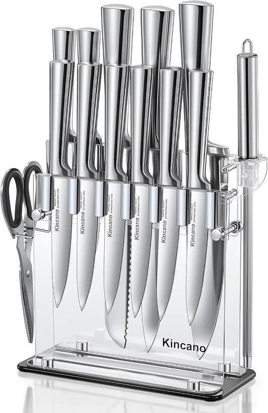 Knife Set, 14 PCS High Carbon Stainless Steel Super Sharp Kitchen Knife Set for Chef with Acrylic Stand, include Steak Knives, Sharpener and Scissors, Ergonomical Design by kincano