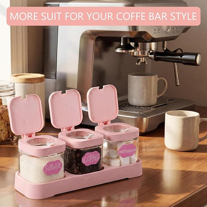 Suclain 3 Pcs Glass Coffee Containers Coffee Station Organizer Set, Airtight Bean Storage Jars with Shelf,labels,spoon, Base and Pen,for Sugar, Candy, Oats, Nuts (Pink)