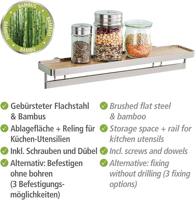 WENKO Spice Rack Organizer, Wall Mount Spice Shelf, Hanging Spice Holder for Kitchen, Seasoning Organizer, Spice Rack over the Stove, Made of Bamboo and Metal, 15.7 x 2.2 x 3.1 in