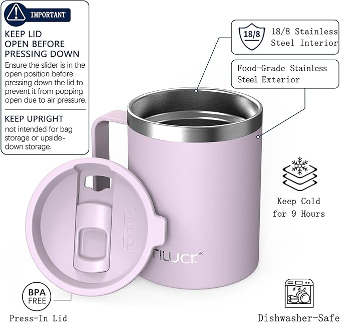 TILUCK 12 oz Insulated Coffee Mug with Lid, Double Wall Vacuum Insulated Travel Mug Cup with Handle for Hot or Cold Drinks（12oz，Matte LightPurple）