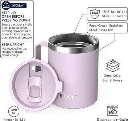 TILUCK 12 oz Insulated Coffee Mug with Lid, Double Wall Vacuum Insulated Travel Mug Cup with Handle for Hot or Cold Drinks（12oz，Matte LightPurple）