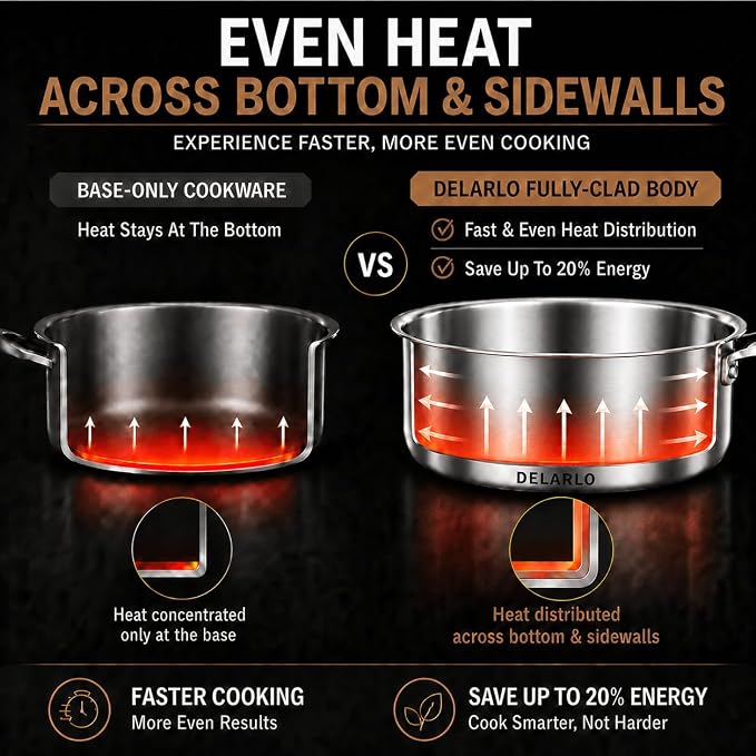 DELARLO Tri-Ply Stainless Steel Frying Pan,12 inch Skillet with Lid,6 Quart Saute Pan,Compatible with All Cooktops,Oven Up to 660℉,Chicken Fryer,Dishwasher-Friendly