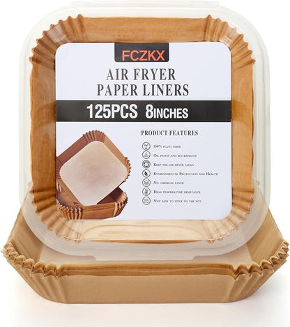 Air Fryer Paper Liners 125Pcs 8-inch Non stick and oil resistant square lined air fryer parchment paper easy to clean, durable, food grade - suitable for air fryers, ovens and microwaves (Square)