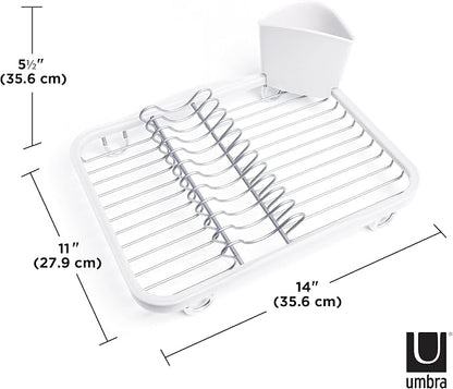 Umbra Sinkin Dish Drying Rack – Drainer Caddy with Removable Cutlery Holder – Use in Sink or On Counter, Standard, White/Nickel
