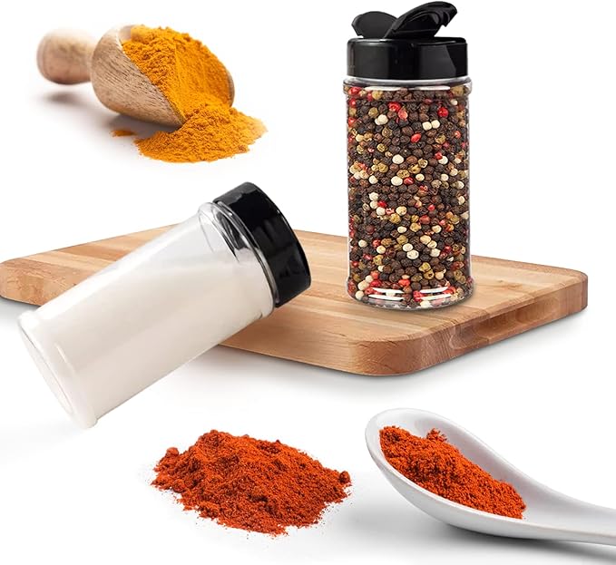RoyalHouse 6 Pack 16 Oz Plastic Spice Jars with Black Cap, Clear and Safe Plastic Bottle Containers with Shaker Lids for Storing Spice, Herbs and Seasoning Powders, BPA Free, Made in USA