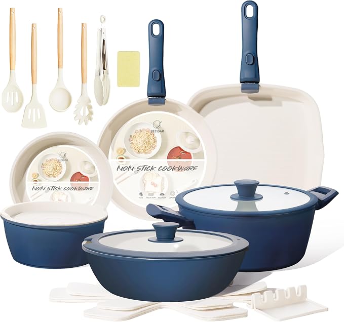 BECIGAR 23pcs Ceramic Pots and Pans Set, Nonstick Detachable Handle Cookware, Induction Kitchen Cooking Set with Removable Handle,include Frying Pans & Saucepans Oven Safe(Blue)