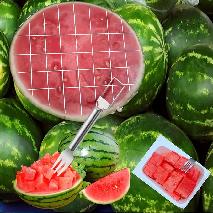 Watermelon Cutter, 2-in-1 Stainless Steel Dual Head Watermelon Fork Slicer, Summer Fruit Cutting Tool, Portable Kitchen Gadgets for Home, Camping & Picnic (2 Pcs)