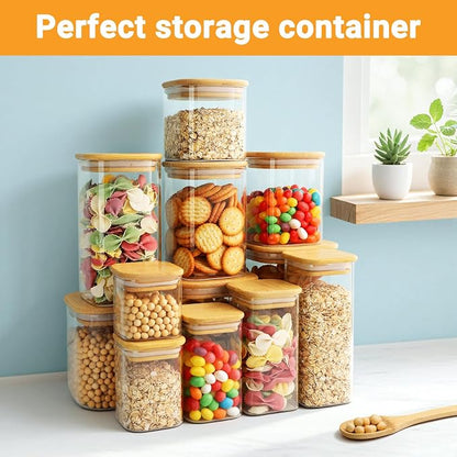 Glass Jars with Bamboo Lids, 15 Fl.oz Glass Storage Jars with Airtight Lids Set of 4, Clear Pantry Containers for Spice, Sugar, Coffee, Tea, Nuts, Beans - Included Labels, Marker and Spoon