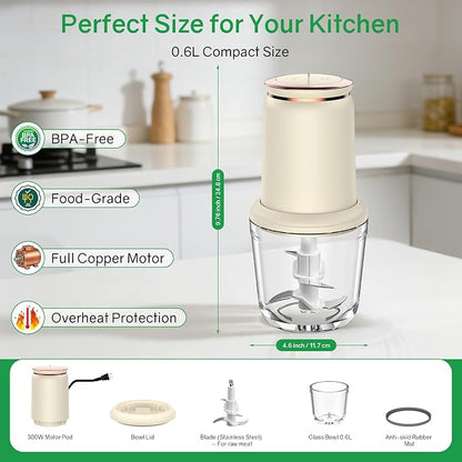 Baby Food Maker with Glass Bowl and Stainless Steel Blades, Small 300W Electric Food processor Vegetable Chopper for Home Kitchen, Baby Food Puree Blender for Fruit, Meat, 20oz, White (0.6L)
