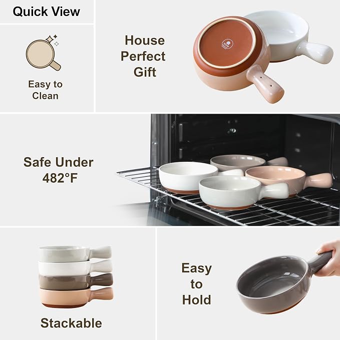 MALACASA 23 Oz French Onion Soup Bowls With Handles, Ceramic Soup Crocks for Cereal, Pasta, Beef Stew, Chilli,Oven Microwave Dishwasher Safe, Set of 4, Multicolor, Series TARA