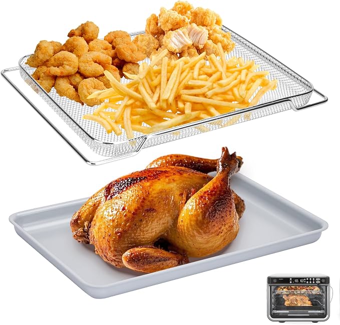 Ceramic Nonstick Baking Pan and Air Fryer Basket set,Naturally Slick Ceramic Coating Sheet Baking Pan and Stainless Steel Cooling Rack Set,Non-Toxic,PTFE&PFOA Free-Perfect for Baking, Roasting