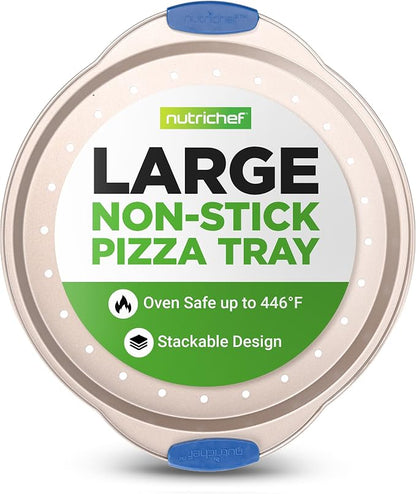 NutriChef 13-Inch Non-Stick Pizza Tray - with Silicone Handle, Round Steel Non-stick Pan with Perforated Holes, Premium Bakeware, Pizza Tray with Extended Handles, Dishwasher Safe - Champagne Gold