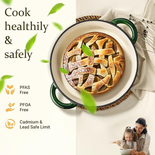 Overmont Enameled Cast Iron Dutch Oven - 4.5QT Pot with Lid Cookbook & Cotton Potholders - Heavy-Duty Cookware for Braising, Stews, Roasting, Bread Baking GlossyGreen