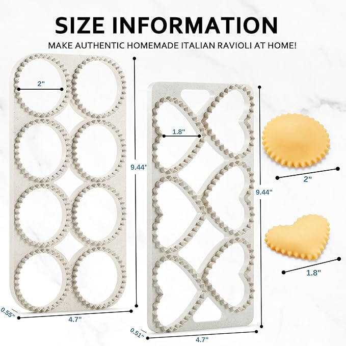 Ravioli Maker Press, Ravioli Press Mold Set - Round, Heart, Square Ravioli Stamp Maker Cutter with Wood Rolling Pin, 2.6" Empanada Maker Press Kit and Ravioli Wheel 3 PCS