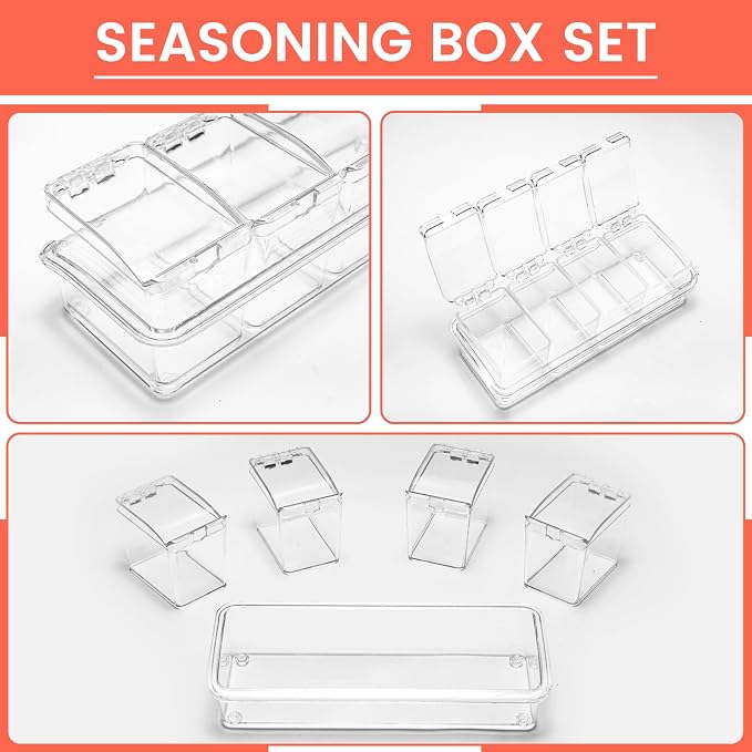Clear Seasoning Box, 4 Piece Seasoning Rack Spice Pots, Plastic Storage Container Condiment Jars with Lids and Spoon, Storage Container Spice Jar for Salt Sugar Tea Herbal Coffee Beans