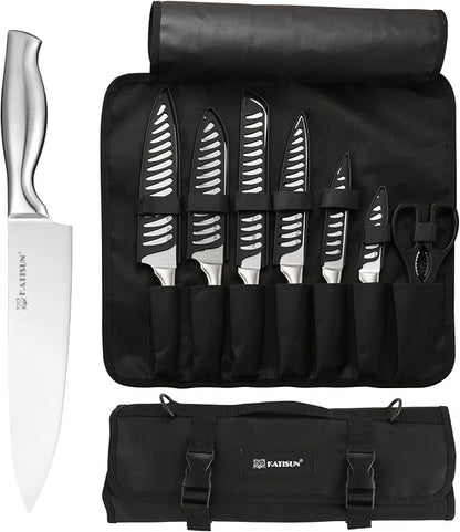 Knife Set Roll Bag, 8 Pieces German High Carbon Stainless Steel Chef Knives with Hollow Handle, with Portable Knife Roll Storage Bag, Blade Guards, Kitchen Shears for Outdoor Camping Travel