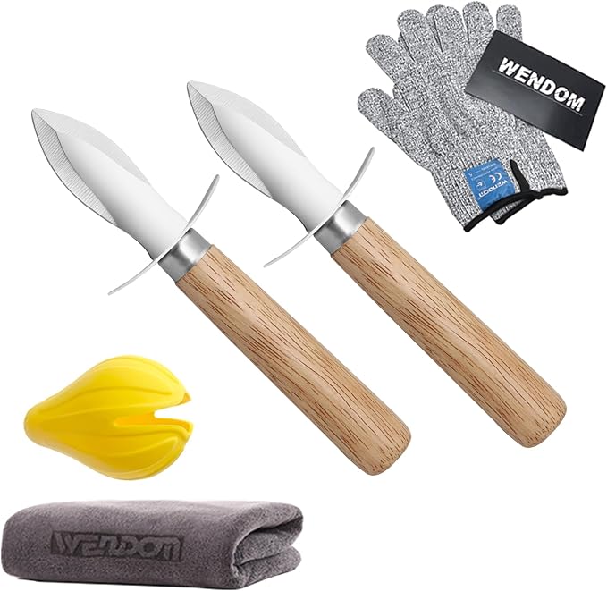 Oyster Shucking Knife Wood Handle Shucker Opener Tools and Cut Resistant Level 5 Protection Gloves Set Seafood Kit(1cloth+1lemon squeezer)