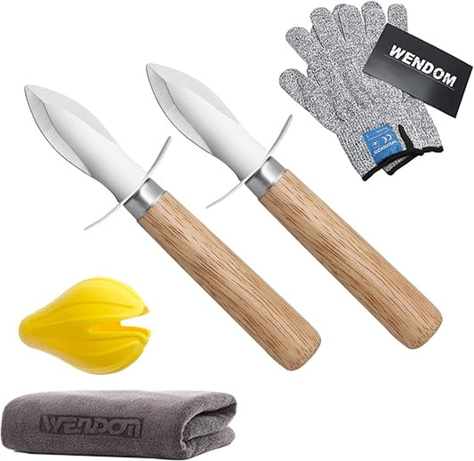 Oyster Shucking Knife Wood Handle Shucker Opener Tools and Cut Resistant Level 5 Protection Gloves Set Seafood Kit(1cloth+1lemon squeezer)