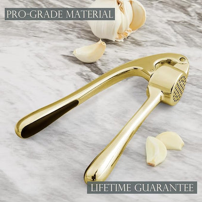 Kitessensu High Effective Premium Garlic Press Set, With Silicone Garlic Peeler & Brush, Heavy Duty Garlic Mincer, Easy to Squeeze and Clean, Rust Proof & Dishwasher Safe - Gold