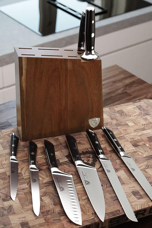 Dalstrong 8-Piece Knife Block Set — German High-Carbon Steel, Full-Tang, Hand-Polished 14–16° Edge — Gladiator Series For First Real Kitchens, New Homeowners & Apartment Cooks — Acacia Block, NSF