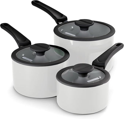 Tramontina Ceramic Non Stick 6-Piece Nesting Sauce Pan Set with Lids - Stackable Nonstick Cookware Set, Dishwasher and Oven Safe, White