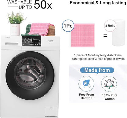 Mordimy 100% Cotton Terry Cloth Dish Cloths, Soft and Absorbent Checkered Dish Towels, Quick Drying Dish Rags for Washing Dishes, 8 Pack, 12 x 12 Inches, Pink