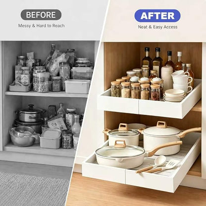 Expandable Pull Out Cabinet Organizer, No-Drill Pull Out Drawers, Roll-Out Shelf with Adhesive Pad & 3 Slide Rails for Framed Cabinets, Kitchen Pantry, 21" Deep, 12.2"-20.4", White, 1 Pack