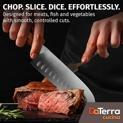 DaTerra Cucina - 7 Inch Santoku Knife – German Steel Professional Kitchen Knife with Ergonomic Rosewood Handle, Sharp, Durable, Rust Proof, Easy to Clean | Ideal for Chopping, Slicing & Dicing