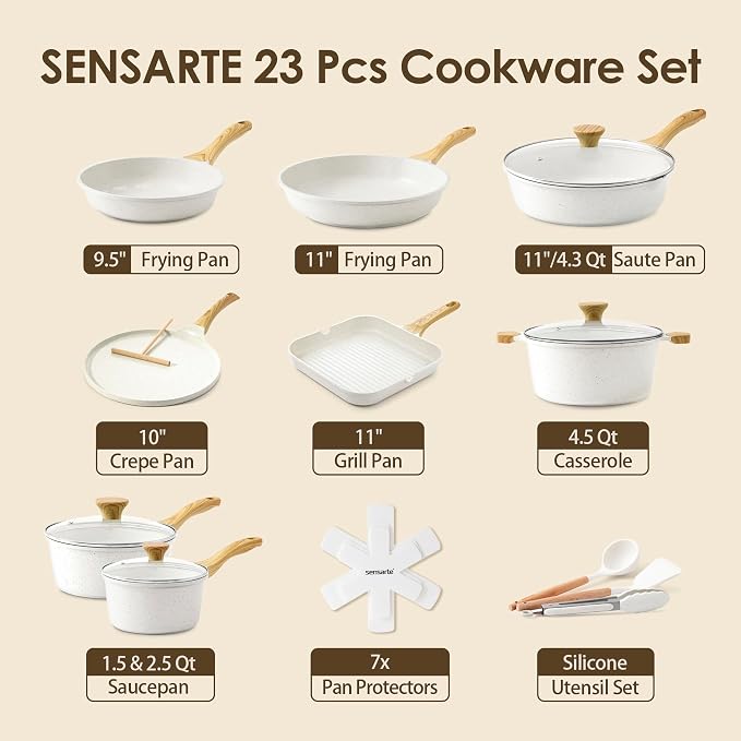 SENSARTE 23 PCS Nonstick Ceramic Cookware Set, Non Toxic Pots and Pans, PFAS & PFOA Free, Healthy Kitchen Cooking Set with Stay-Cool Handles, Induction Compatible, White