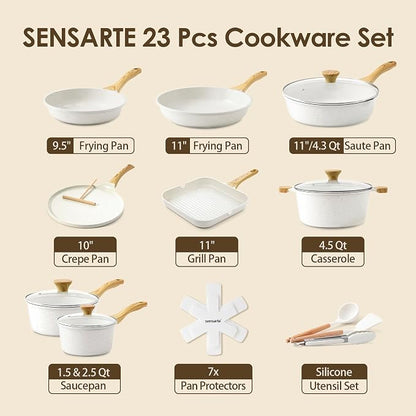 SENSARTE 23 PCS Nonstick Ceramic Cookware Set, Non Toxic Pots and Pans, PFAS & PFOA Free, Healthy Kitchen Cooking Set with Stay-Cool Handles, Induction Compatible, White
