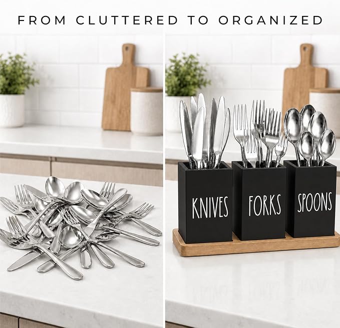 Farmhouse Silverware Holder, Rustic Wood Silverware Caddy with Tray, Spoon Fork Knives Flatware Dispenser, Utensil Countertop Organizer, Plastic Cutlery Holder for Kitchen Party (Black)
