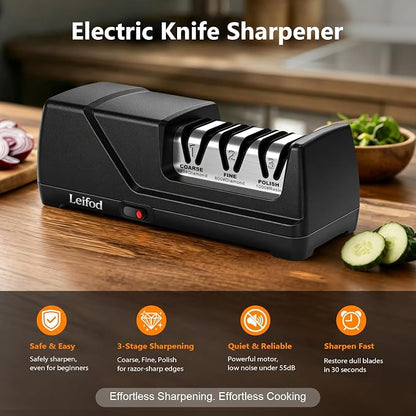 Electric Knife Sharpener, 3-Stage Kitchen Knife Sharpener with 15° Precision Angle Guide,100% Diamond Abrasives, Fast Sharpen Repair Polish Sharpener for Chef Knives Home Kitchen Beginner Use,Black