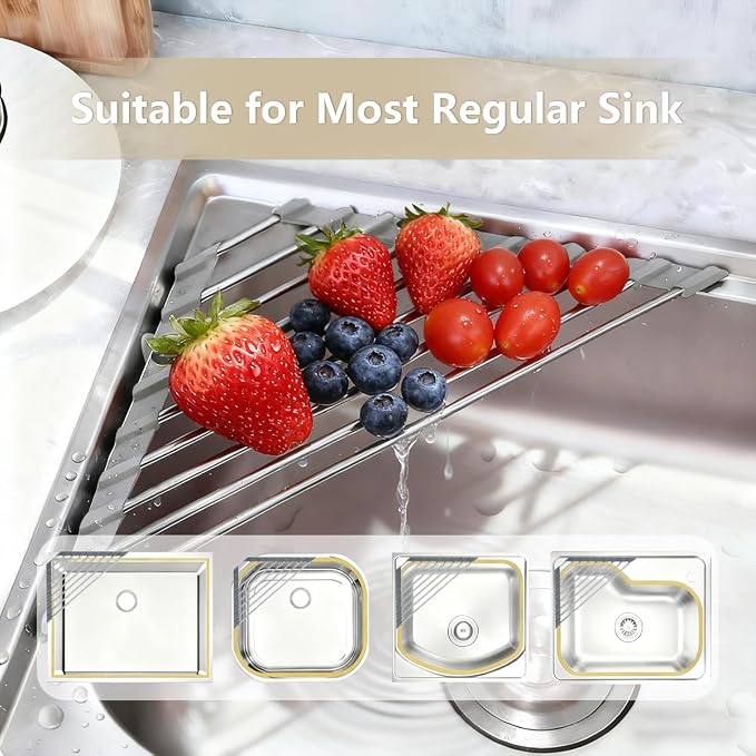 Credon Triangle Roll Up Dish Drying Rack, Foldable Multipurpose Corner Sink Caddy, Stainless Steel Anti Slip and Rust Proof Kitchen Sink Drainer Organizer, Small Space Solutions (Grey)