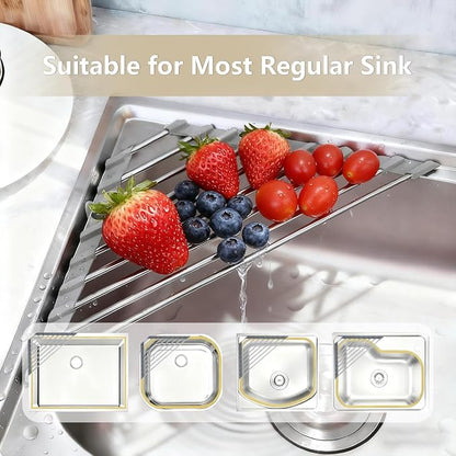 Credon Triangle Roll Up Dish Drying Rack, Foldable Multipurpose Corner Sink Caddy, Stainless Steel Anti Slip and Rust Proof Kitchen Sink Drainer Organizer, Small Space Solutions (Grey)