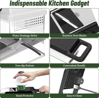StoreHappily 12-in-1 Vegetable Chopper, 7 Blades Veggie Chopper with Container and Lid, Dicer, Slicer, Multifunctional Kitchen Gadgets, Vegetable Cutter with Handle, Onion Cutter(Black/White)