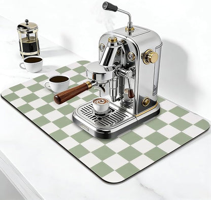 CooRug Checkered Dish Drying Mat for Kitchen Counter, Absorbent Non-Slip Coffee Mat, Heat Resistant Mat for Countertops Coffee Bar Decor 16" x 24" Green