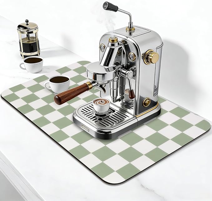 CooRug Checkered Dish Drying Mat for Kitchen Counter, Absorbent Non-Slip Coffee Mat, Heat Resistant Mat for Countertops Coffee Bar Decor 17" x 32" Green