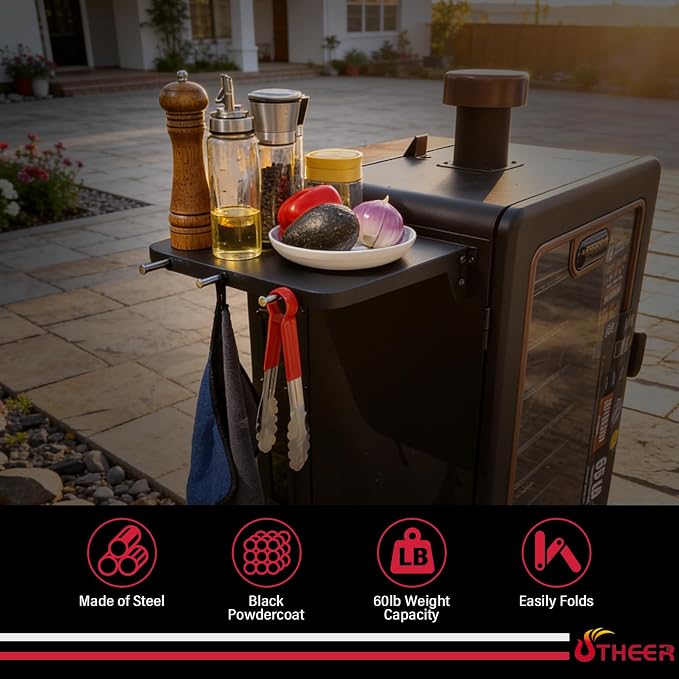 Utheer Folding Front Shelf for Pit Boss 4 Series Vertical Pellet Smoker Onyx PBV4NX, 12.8"x11" Smoker Shelf with 3 Hooks, Space-Saving Grill Prep Table, Pit Boss Vertical Smoker Accessories