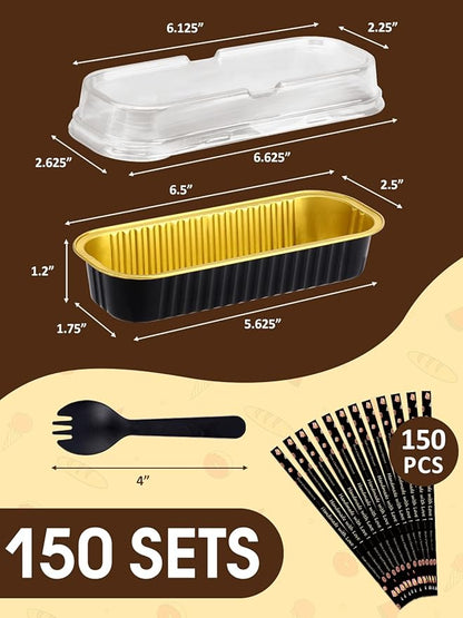 NEEBAKE 150 Pack 6.8 oz Disposable Mini Loaf Pans with Lids and Spoons - 6.5x2.5x1.2 Black Gold Aluminum Loaf Pans, Small Aluminum Tin Foil Baking Pan, Food Containers for Cakes, Bread, Loaves