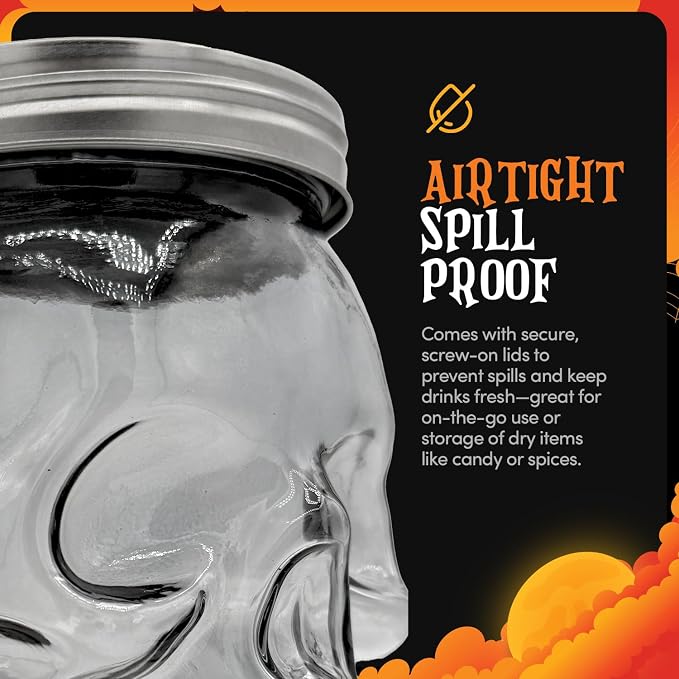 DURA LIVING Set of 2 Skull Mason Jar Glasses with Lids | 42oz Reusable Halloween Drinking Glasses | Unique Skull Décor, Storage, & Canning Jars for Parties & Gifts