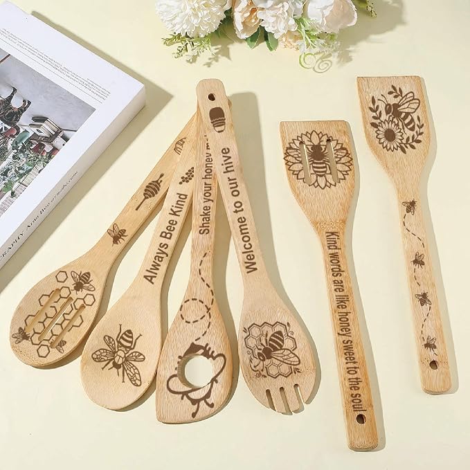 6Pcs 6 Styles Bee Cooking Utensils for Kitchen 11.8 x 2.4 Inch Bamboo Kitchen Spoons Durable Wood Spoons Set for Housewarming Wedding Birthday Gift Farmhouse Apartment Decor Accessories