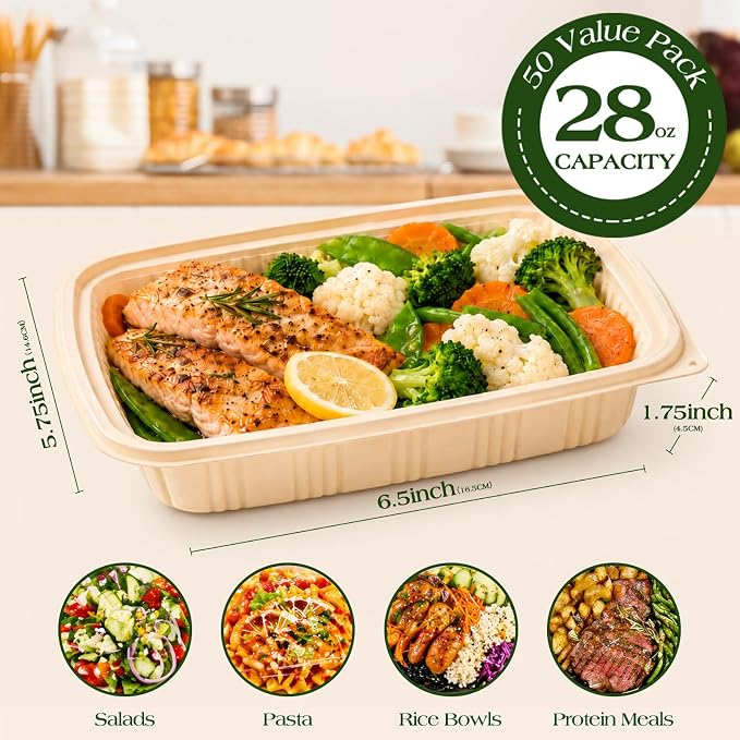 100 Piece (50 Pack) Meal Prep Containers with Lids, 28 oz Cornstarch Food Storage Containers Plant-based Lunch Box for Salad,BPA Free Plastic Take Out Containers Microwave and Freezer Safe