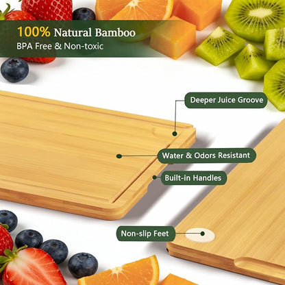 Cutting Board Set of 2, L and XL Bamboo Chopping Boards for Kitchen, Butcher Block Cutting Boards with Side Handles for Meat, Vegetables, Fruit, Meal Prep and Daily Cooking