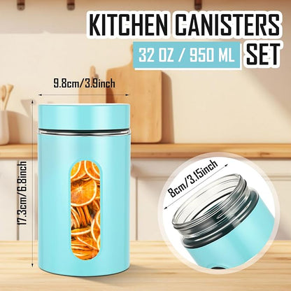Mimorou 3 Pcs Stainless Steel Canister Set with Glass Windows Visible Storage Jars Silver Kitchen Canister Set for Pasta Flour Oat Sugar Container, Kitchen Tools, Housewarming Gifts(Turquoise,32 oz)
