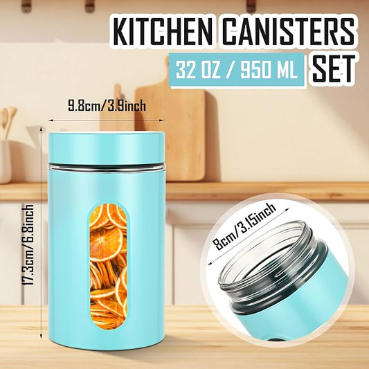 Mimorou 3 Pcs Stainless Steel Canister Set with Glass Windows Visible Storage Jars Silver Kitchen Canister Set for Pasta Flour Oat Sugar Container, Kitchen Tools, Housewarming Gifts(Turquoise,32 oz)