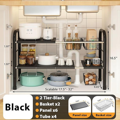 Expandable Under Sink Organizer, 2 Tier Under Sink Shelf with 2 Removable Baskets and 6 Removable Panels for Cabinet Sink Cloakroom Wardrobe Closet Storage(Black, 17.71”-32”Length