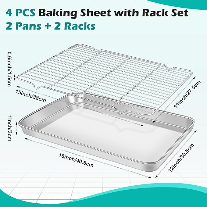 Baking Sheet with Rack Set (2 Pans + 2 Racks), Stainless Steel Cookie Sheets,Cookie Pan with Cooling Rack, Nonstick Baking Pan,Easy Clean,Heavy Duty,Oven & Dishwasher Safe, 16 x 12 x 1 Inches