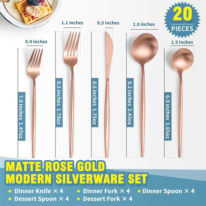 Lemeya Matte Rose Gold Silverware Set for 4,Modern Stainless Steel Brushed Cutlery Set,20-Pieces Heavy Duty Flatware Set,Knives Spoons and Forks Set Utensils Set, Satin Finish, Dishwasher Safe