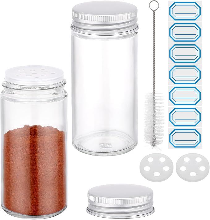 Segarty 3oz Spice Jars with Silver Aluminum Lid, 2 Pack 90ml Round Spices Bottle for Seasonings Cereal Storage, Empty Glass Seasoning Container Set, Salt and Pepper Organizers with 7 Stickers 1 Brush