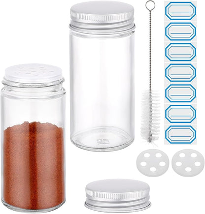 Segarty 3oz Spice Jars with Silver Aluminum Lid, 2 Pack 90ml Round Spices Bottle for Seasonings Cereal Storage, Empty Glass Seasoning Container Set, Salt and Pepper Organizers with 7 Stickers 1 Brush